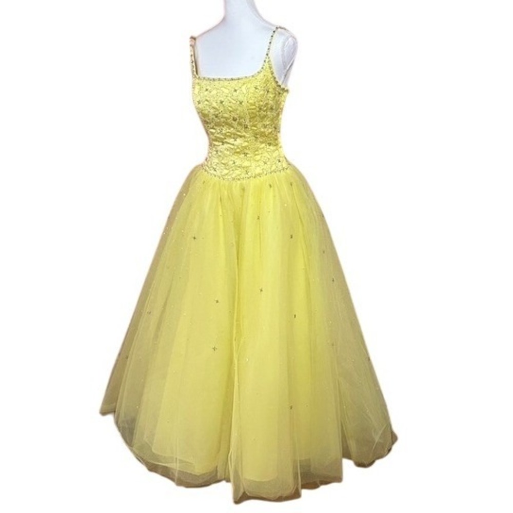 Tiffany Designs Yellow Beaded Ball Gown Prom Dress Star Detail SMALL SZ 8 READ
